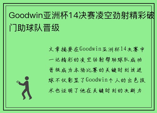 Goodwin亚洲杯14决赛凌空劲射精彩破门助球队晋级