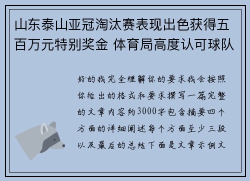 山东泰山亚冠淘汰赛表现出色获得五百万元特别奖金 体育局高度认可球队努力