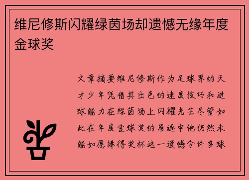 维尼修斯闪耀绿茵场却遗憾无缘年度金球奖 维尼修斯闪耀绿茵场却遗憾无缘年度金球奖